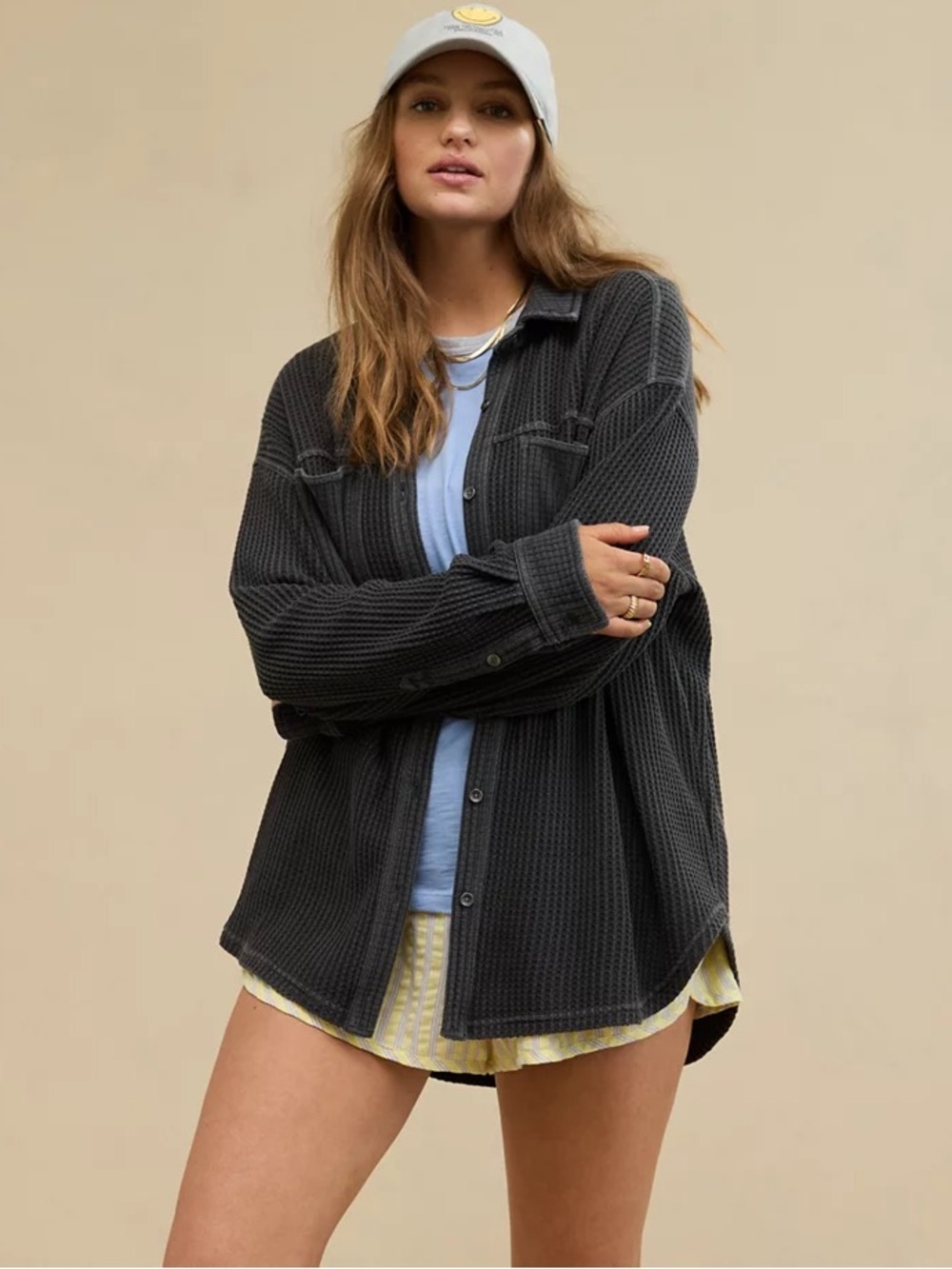 Aerie Women’s Anytime Fave Waffle Shirt Size Medium Smoked Gray Oversized EUC